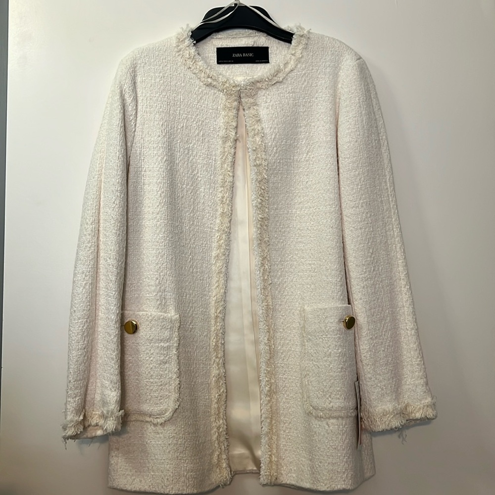 NWT Zara lady coat white jacket gold button details fringe